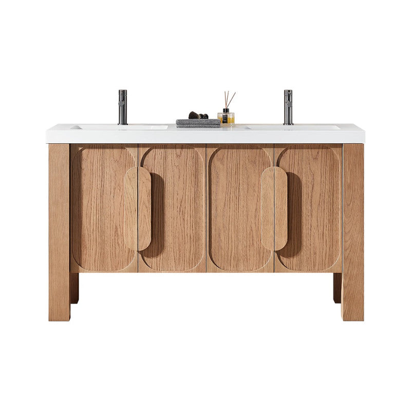 Munich 4 Doors Bathroom Vanity with White Quartz Sink - Floor Mount - 60" Wood/Natural Teak
