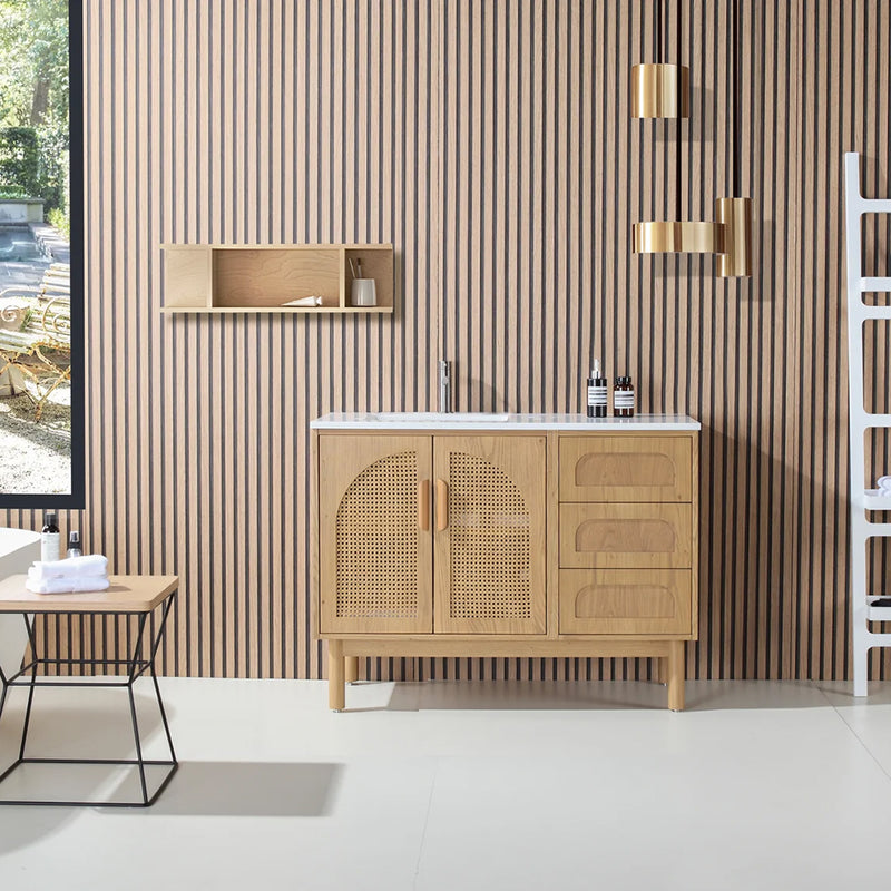 Nara 2 Doors And 3 Drawers Bathroom Vanity with Quartz Countertop - Floor Mount - 48" Wood/Pecan Oak