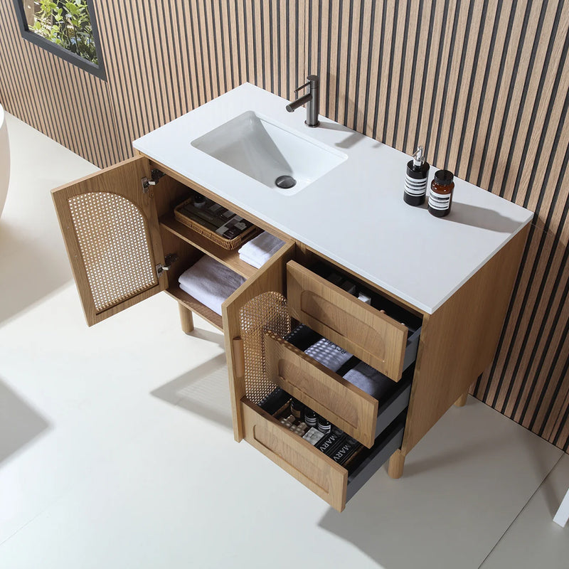 Nara 2 Doors And 3 Drawers Bathroom Vanity with Quartz Countertop - Floor Mount - 48" Wood/Pecan Oak