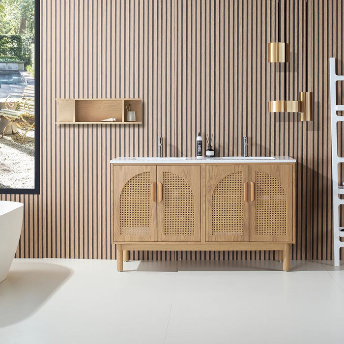 Nara 4 Doors Bathroom Vanity with Quartz Countertop - Floor Mount - 60" Wood/Pecan Oak