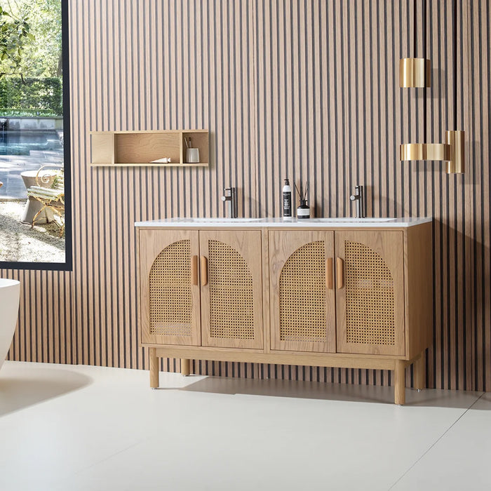Nara 4 Doors Bathroom Vanity with Quartz Countertop - Floor Mount - 60" Wood/Pecan Oak