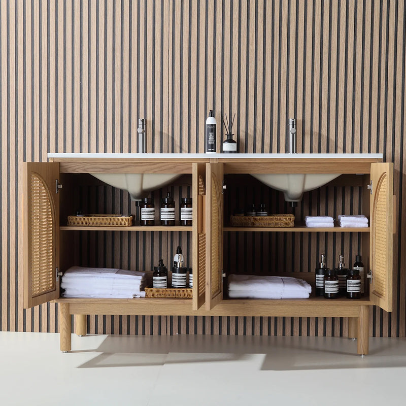 Nara 4 Doors Bathroom Vanity with Quartz Countertop - Floor Mount - 60" Wood/Pecan Oak