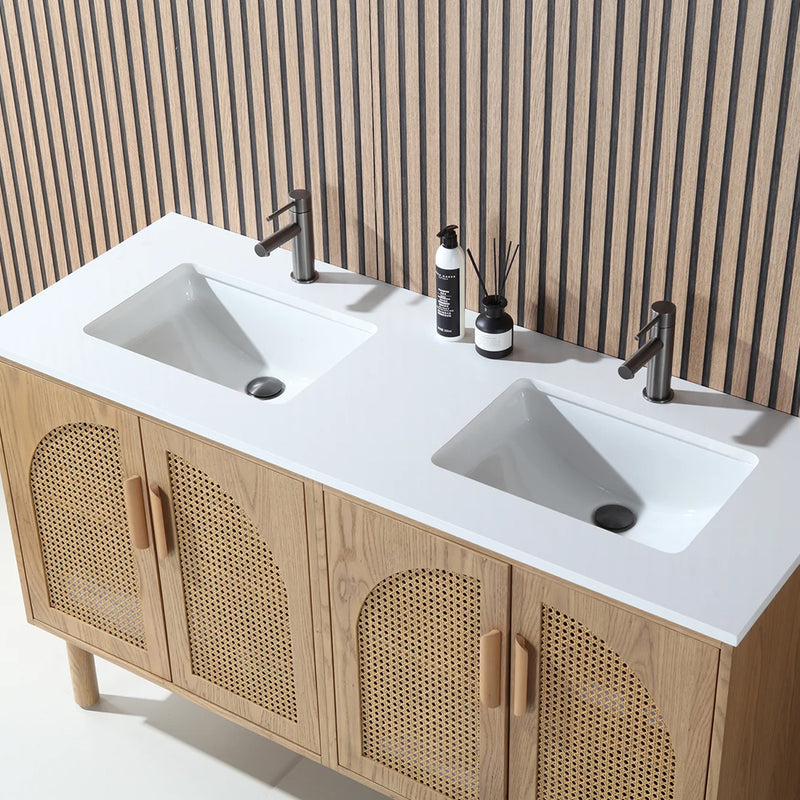 Nara 4 Doors Bathroom Vanity with Quartz Countertop - Floor Mount - 60" Wood/Pecan Oak