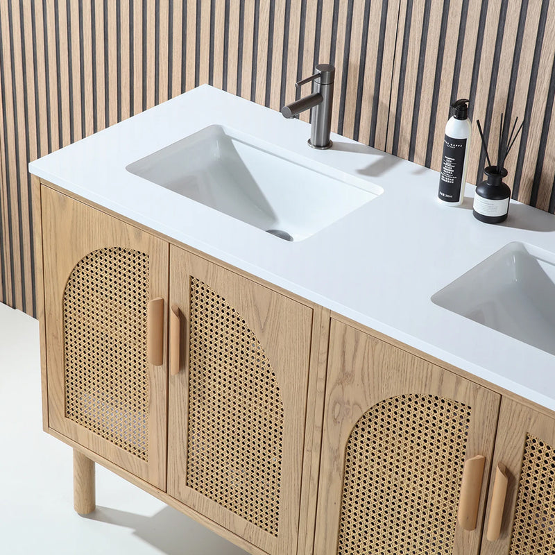 Nara 4 Doors Bathroom Vanity with Quartz Countertop - Floor Mount - 60" Wood/Pecan Oak