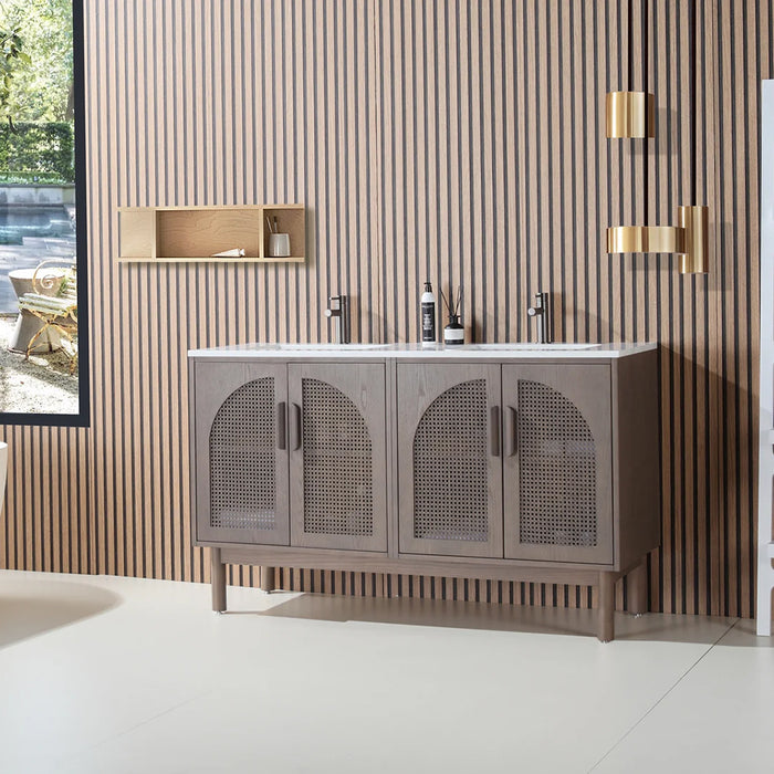 Nara 4 Doors Bathroom Vanity with Quartz Countertop - Floor Mount - 60" Wood/Chestnut Oak