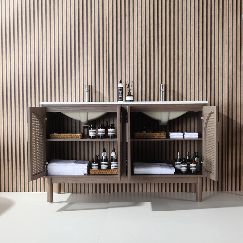 Nara 4 Doors Bathroom Vanity with Quartz Countertop - Floor Mount - 60" Wood/Chestnut Oak