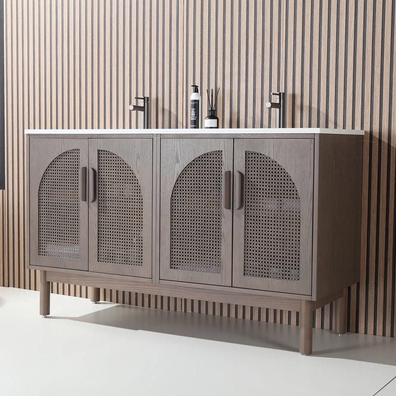 Nara 4 Doors Bathroom Vanity with Quartz Countertop - Floor Mount - 60" Wood/Chestnut Oak