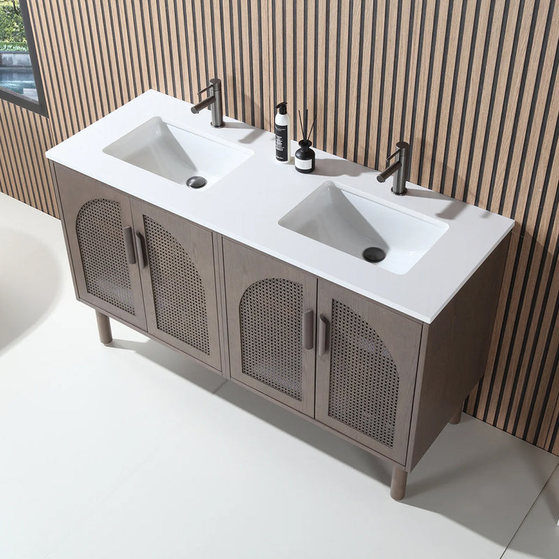 Nara 4 Doors Bathroom Vanity with Quartz Countertop - Floor Mount - 60" Wood/Chestnut Oak