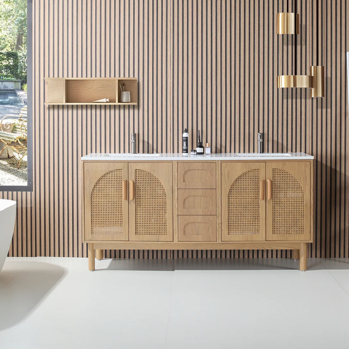 Nara 4 Doors And 3 Drawers Bathroom Vanity with Quartz Countertop - Floor Mount - 72" Wood/Pecan Oak