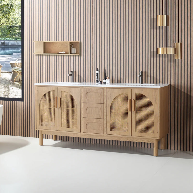 Nara 4 Doors And 3 Drawers Bathroom Vanity with Quartz Countertop - Floor Mount - 72" Wood/Pecan Oak