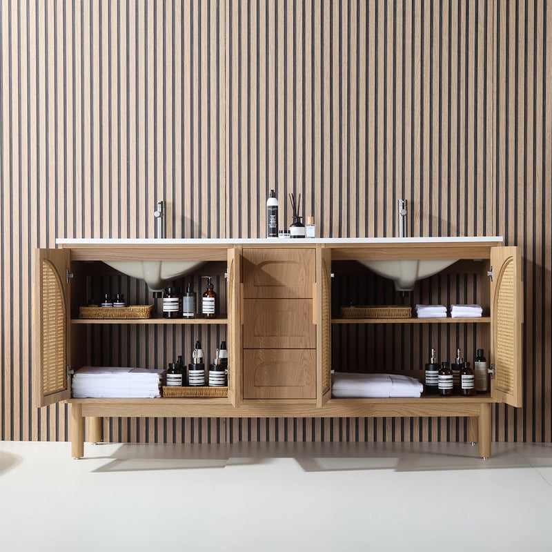 Nara 4 Doors And 3 Drawers Bathroom Vanity with Quartz Countertop - Floor Mount - 72" Wood/Pecan Oak