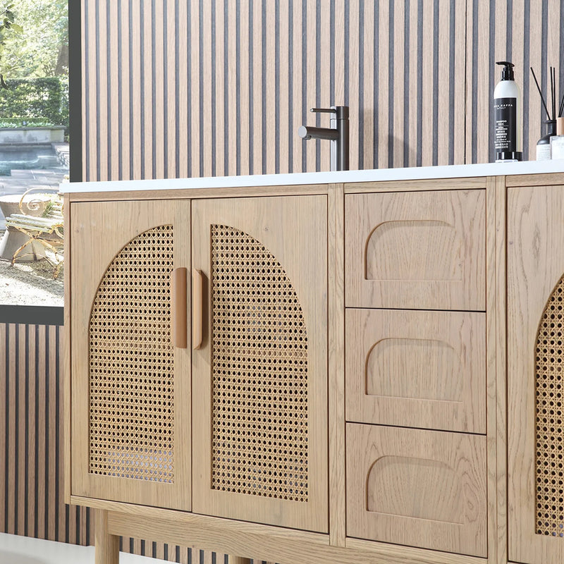 Nara 4 Doors And 3 Drawers Bathroom Vanity with Quartz Countertop - Floor Mount - 72" Wood/Pecan Oak