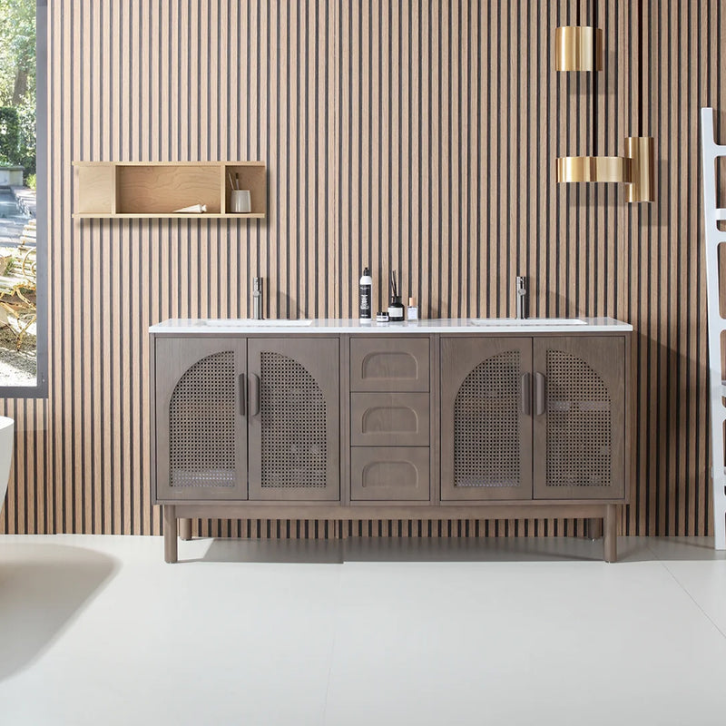 Nara 4 Doors And 3 Drawers Bathroom Vanity with Quartz Countertop - Floor Mount - 72" Wood/Chestnut Oak