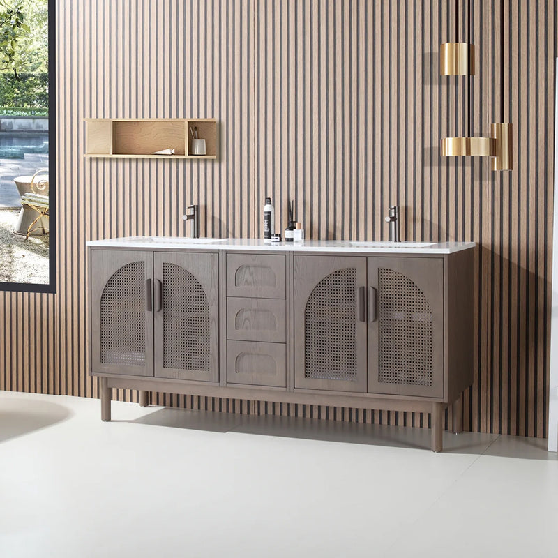 Nara 4 Doors And 3 Drawers Bathroom Vanity with Quartz Countertop - Floor Mount - 72" Wood/Chestnut Oak