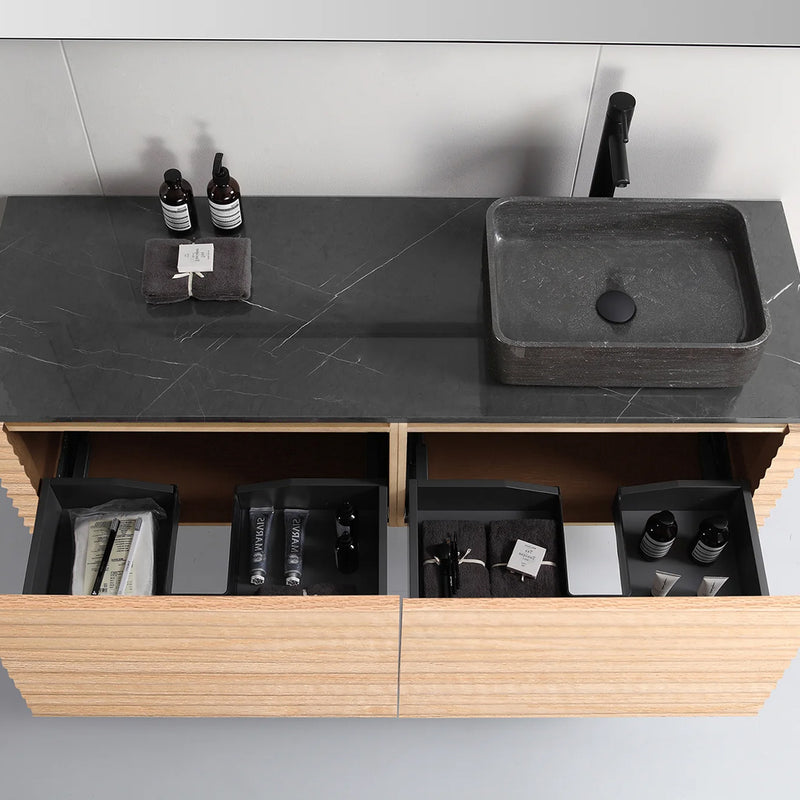 Ocala 2 Drawers Bathroom Vanity with Quartz Top and Right Vessel Sink - Wall Mount - 60" Wood/Maple