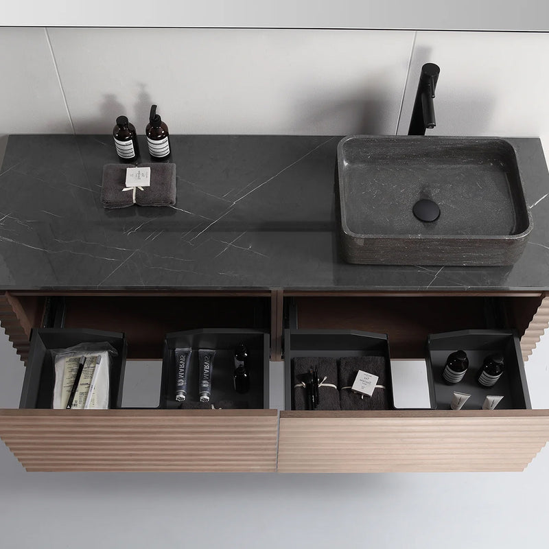 Ocala 2 Drawers Bathroom Vanity with Quartz Top and Right Vessel Sink - Wall Mount - 60" Wood/Chestnut