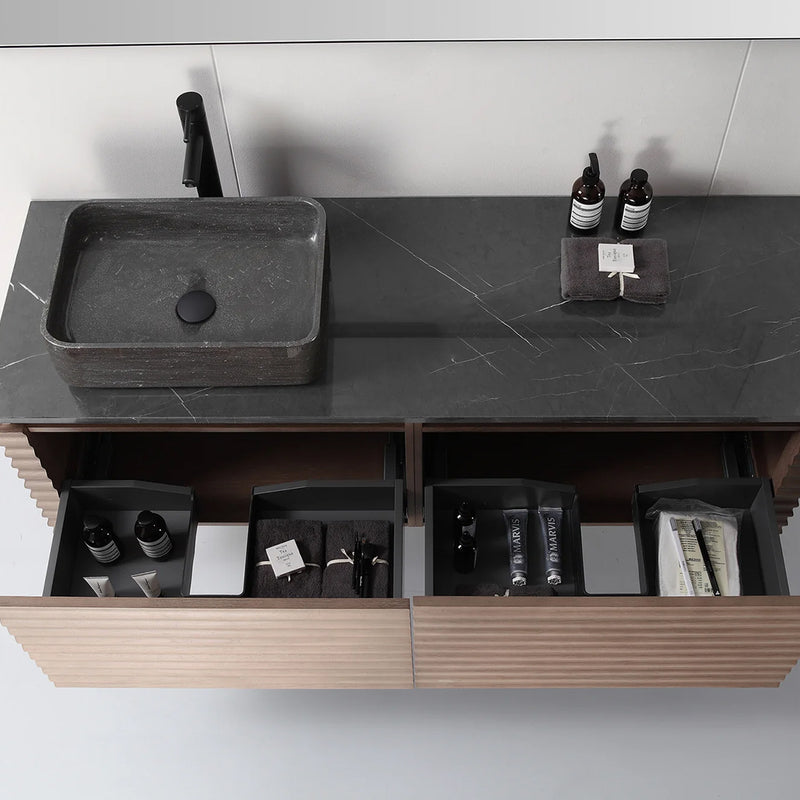 Ocala 2 Drawers Bathroom Vanity with Quartz Top and Left Vessel Sink - Wall Mount - 60" Wood/Chestnut