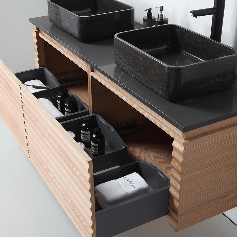 Ocala 2 Drawers Bathroom Vanity with Quartz Top and Double Vessel Sinks - Wall Mount - 60" Wood/Maple