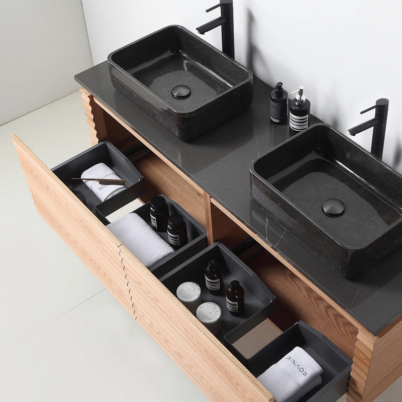 Ocala 2 Drawers Bathroom Vanity with Quartz Top and Double Vessel Sinks - Wall Mount - 60" Wood/Maple