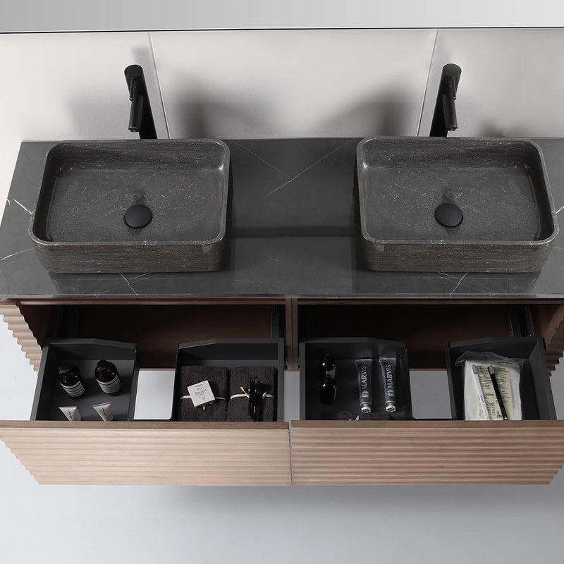 Ocala 2 Drawers Bathroom Vanity with Quartz Top and Double Vessel Sinks - Wall Mount - 60" Wood/Chestnut