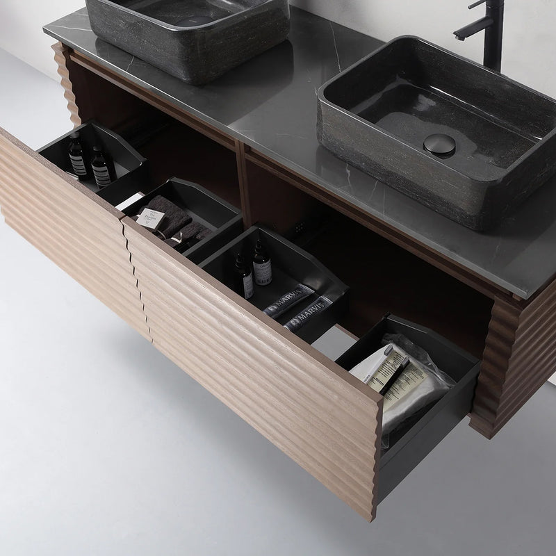 Ocala 2 Drawers Bathroom Vanity with Quartz Top and Double Vessel Sinks - Wall Mount - 60" Wood/Chestnut