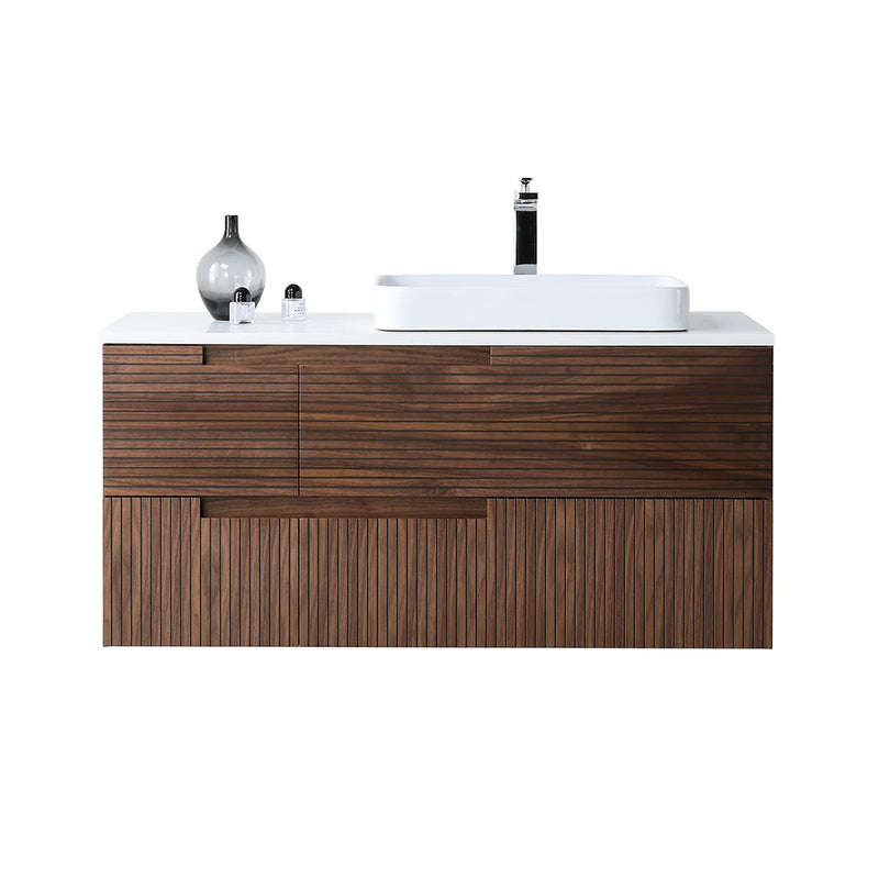 Orsa 4 Drawers Bathroom Vanity with Quartz Top and Vessel Sink - Wall Mount - 48" Wood/Walnut