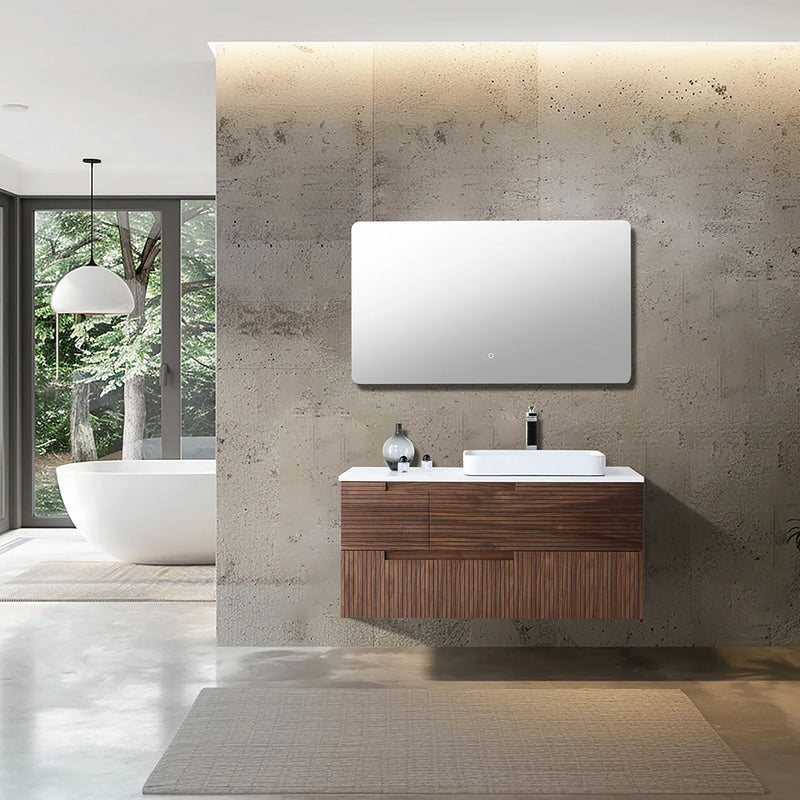 Orsa 4 Drawers Bathroom Vanity with Quartz Top and Vessel Sink - Wall Mount - 48" Wood/Walnut