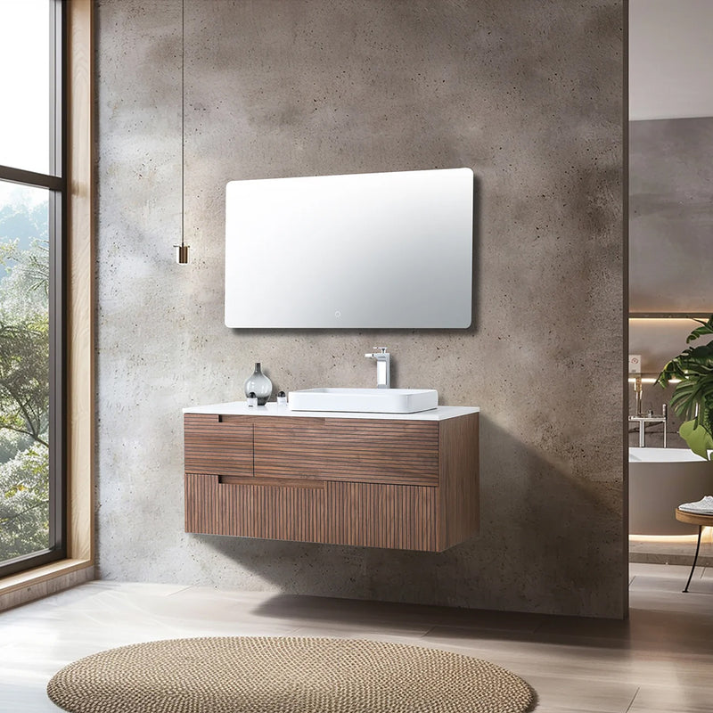 Orsa 4 Drawers Bathroom Vanity with Quartz Top and Vessel Sink - Wall Mount - 48" Wood/Walnut