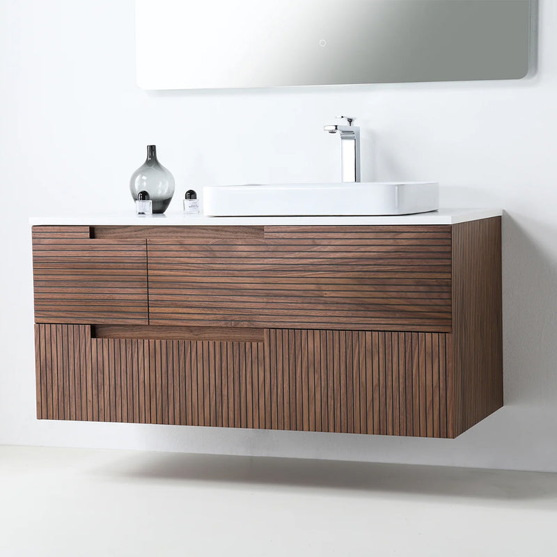 Orsa 4 Drawers Bathroom Vanity with Quartz Top and Vessel Sink - Wall Mount - 48" Wood/Walnut