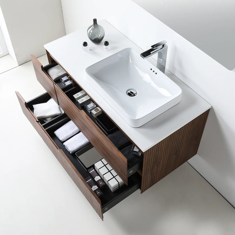 Orsa 4 Drawers Bathroom Vanity with Quartz Top and Vessel Sink - Wall Mount - 48" Wood/Walnut
