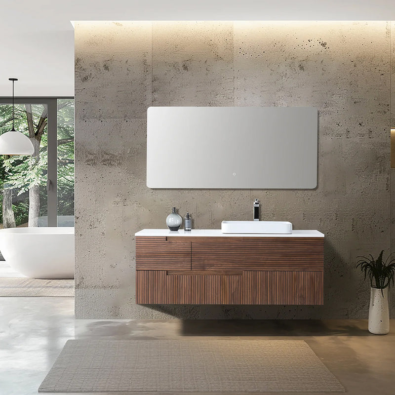 Orsa 4 Drawers Bathroom Vanity with Quartz Top and Vessel Sink - Wall Mount - 60" Wood/Walnut