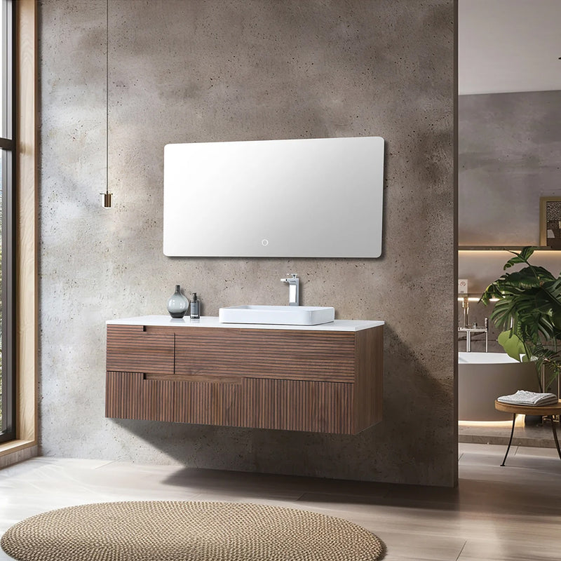 Orsa 4 Drawers Bathroom Vanity with Quartz Top and Vessel Sink - Wall Mount - 60" Wood/Walnut