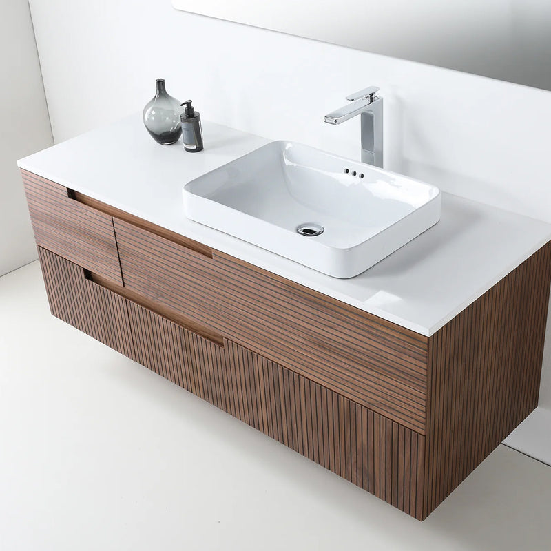 Orsa 4 Drawers Bathroom Vanity with Quartz Top and Vessel Sink - Wall Mount - 60" Wood/Walnut