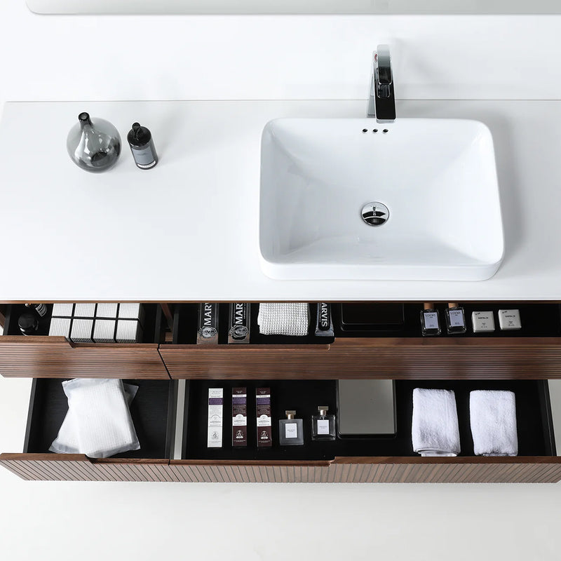 Orsa 4 Drawers Bathroom Vanity with Quartz Top and Vessel Sink - Wall Mount - 60" Wood/Walnut