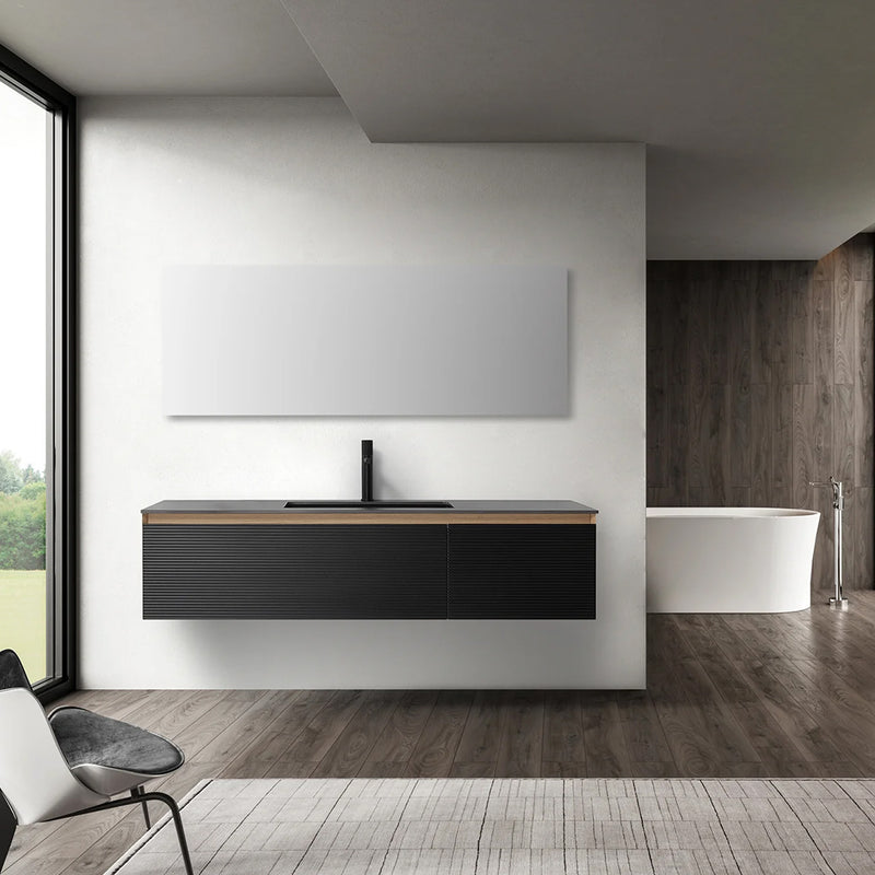 Oslo 2 Drawers Bathroom Vanity with Solid Surface Sink - Wall Mount - 60" Wood/Matte Black/Whitewash