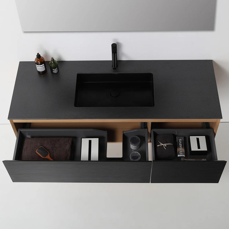 Oslo 2 Drawers Bathroom Vanity with Solid Surface Sink - Wall Mount - 60" Wood/Matte Black/Whitewash