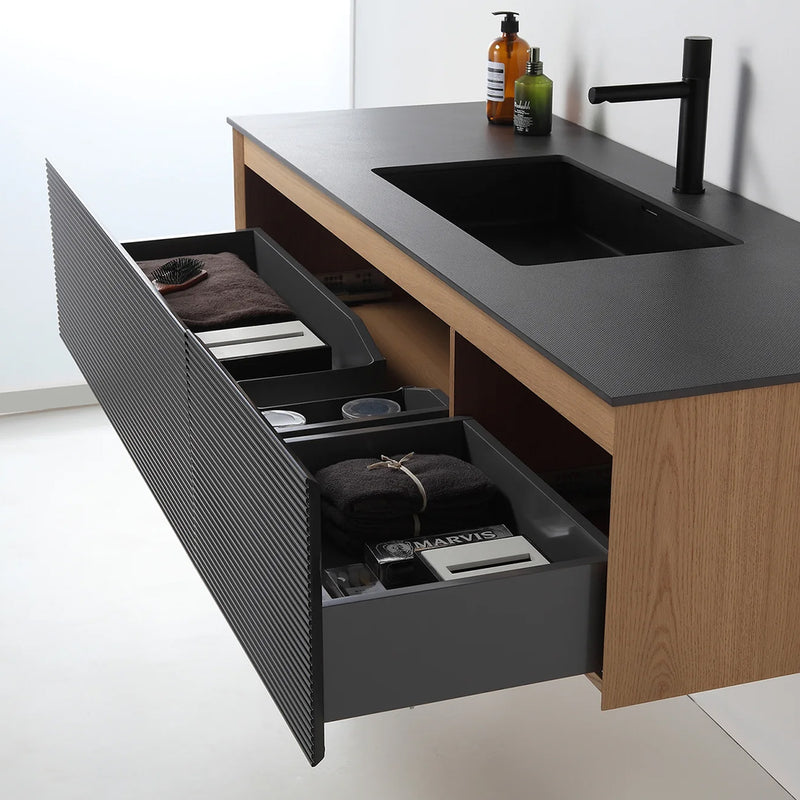 Oslo 2 Drawers Bathroom Vanity with Solid Surface Sink - Wall Mount - 60" Wood/Matte Black/Whitewash