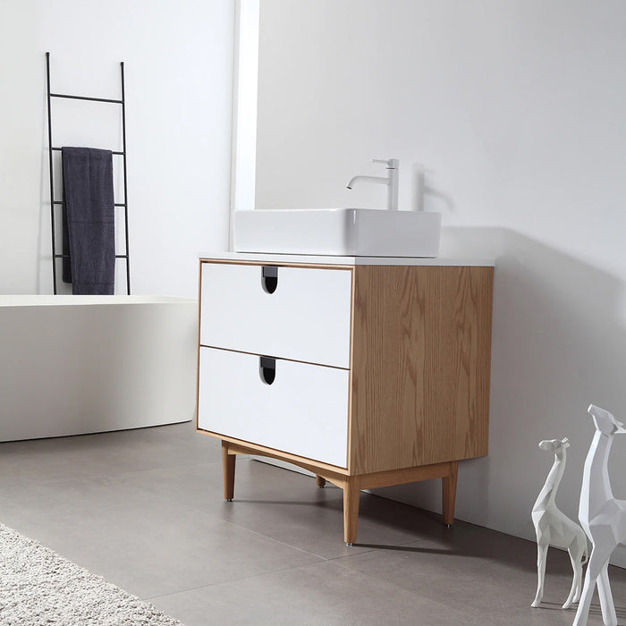 Portree 2 Drawers Bathroom Vanity with Quartz top and Vessel Sink - Floor Mount - 30" Wood/Matt White