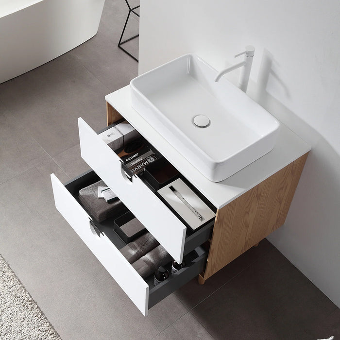 Portree 2 Drawers Bathroom Vanity with Quartz top and Vessel Sink - Floor Mount - 30" Wood/Matt White