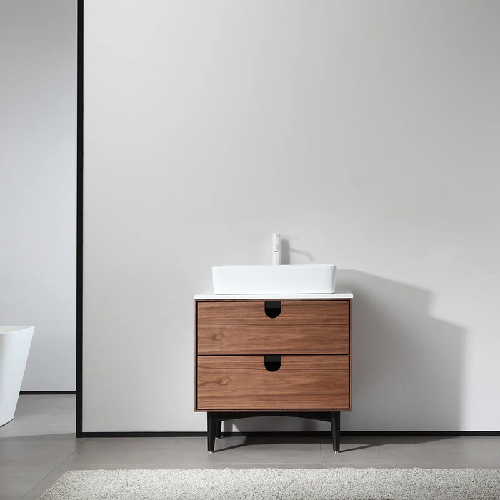 Portree 2 Drawers Bathroom Vanity with Quartz top and Vessel Sink - Floor Mount - 30" Wood/Walnut