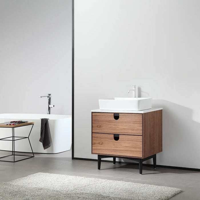 Portree 2 Drawers Bathroom Vanity with Quartz top and Vessel Sink - Floor Mount - 30" Wood/Walnut