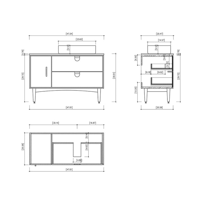 Portree 2 Drawers And 1 Door Bathroom Vanity with Quartz top and Vessel Sink - Floor Mount - 48" Wood/Matt White