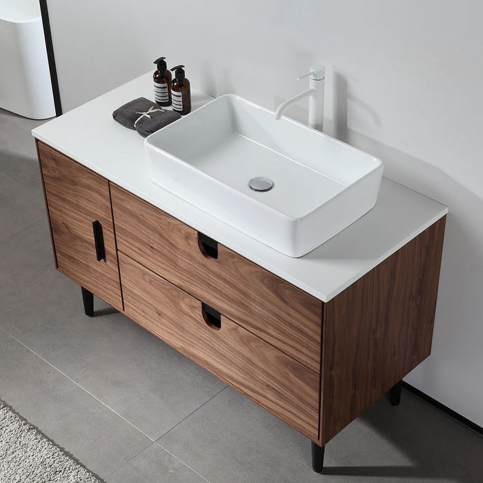 Portree 2 Drawers And 1 Door Bathroom Vanity with Quartz top and Vessel Sink - Floor Mount - 48" Wood/Walnut