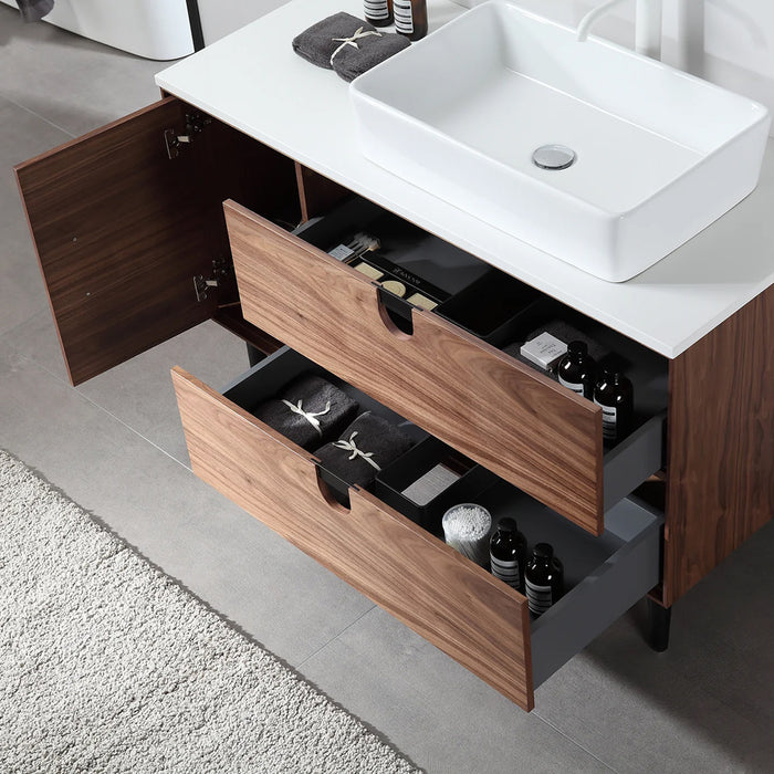 Portree 2 Drawers And 1 Door Bathroom Vanity with Quartz top and Vessel Sink - Floor Mount - 48" Wood/Walnut