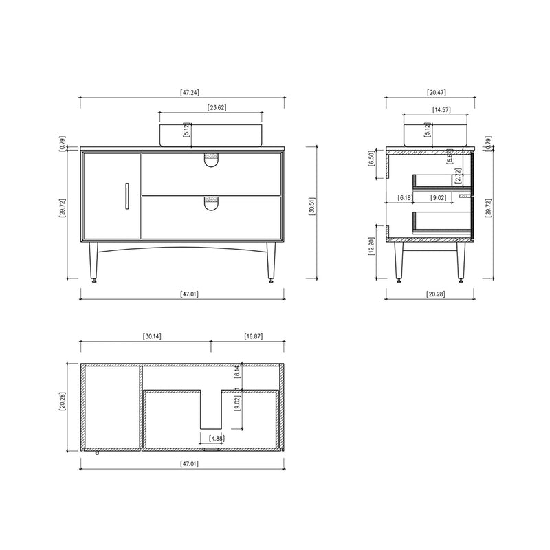 Portree 2 Drawers And 1 Door Bathroom Vanity with Quartz top and Vessel Sink - Floor Mount - 48" Wood/Walnut