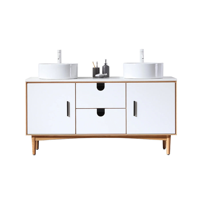 Portree 2 Drawers And 2 Doors Bathroom Vanity with Quartz top and Vessel Sink - Floor Mount - 60" Wood/Matt White