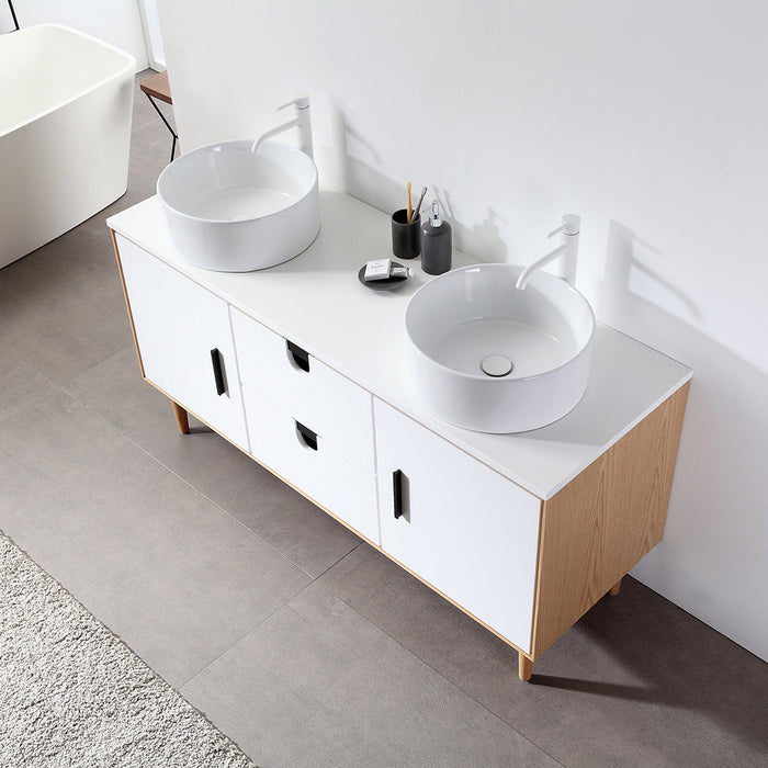 Portree 2 Drawers And 2 Doors Bathroom Vanity with Quartz top and Vessel Sink - Floor Mount - 60" Wood/Matt White