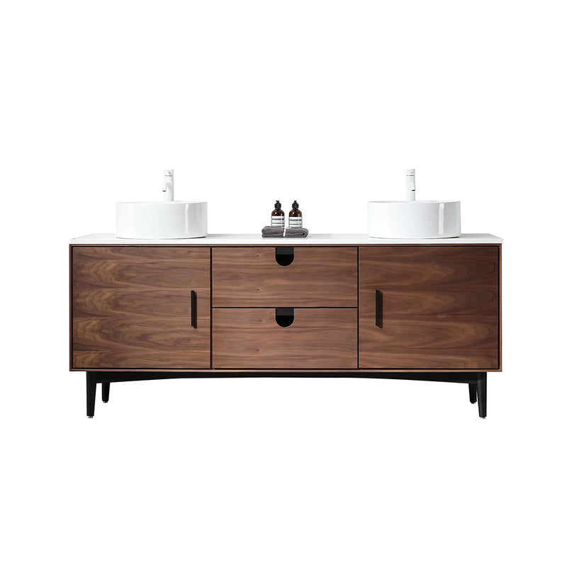 Portree 2 Drawers And 2 Doors Bathroom Vanity with Quartz top and Double Vessel Sinks - Floor Mount - 72" Wood/Walnut