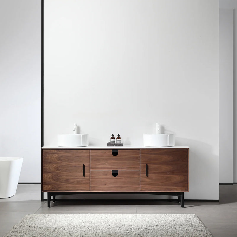 Portree 2 Drawers And 2 Doors Bathroom Vanity with Quartz top and Double Vessel Sinks - Floor Mount - 72" Wood/Walnut