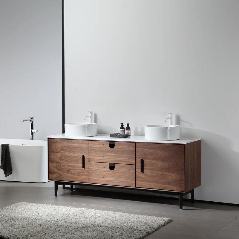 Portree 2 Drawers And 2 Doors Bathroom Vanity with Quartz top and Double Vessel Sinks - Floor Mount - 72" Wood/Walnut